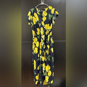 Chic Lemon Print Navy Midi Dress